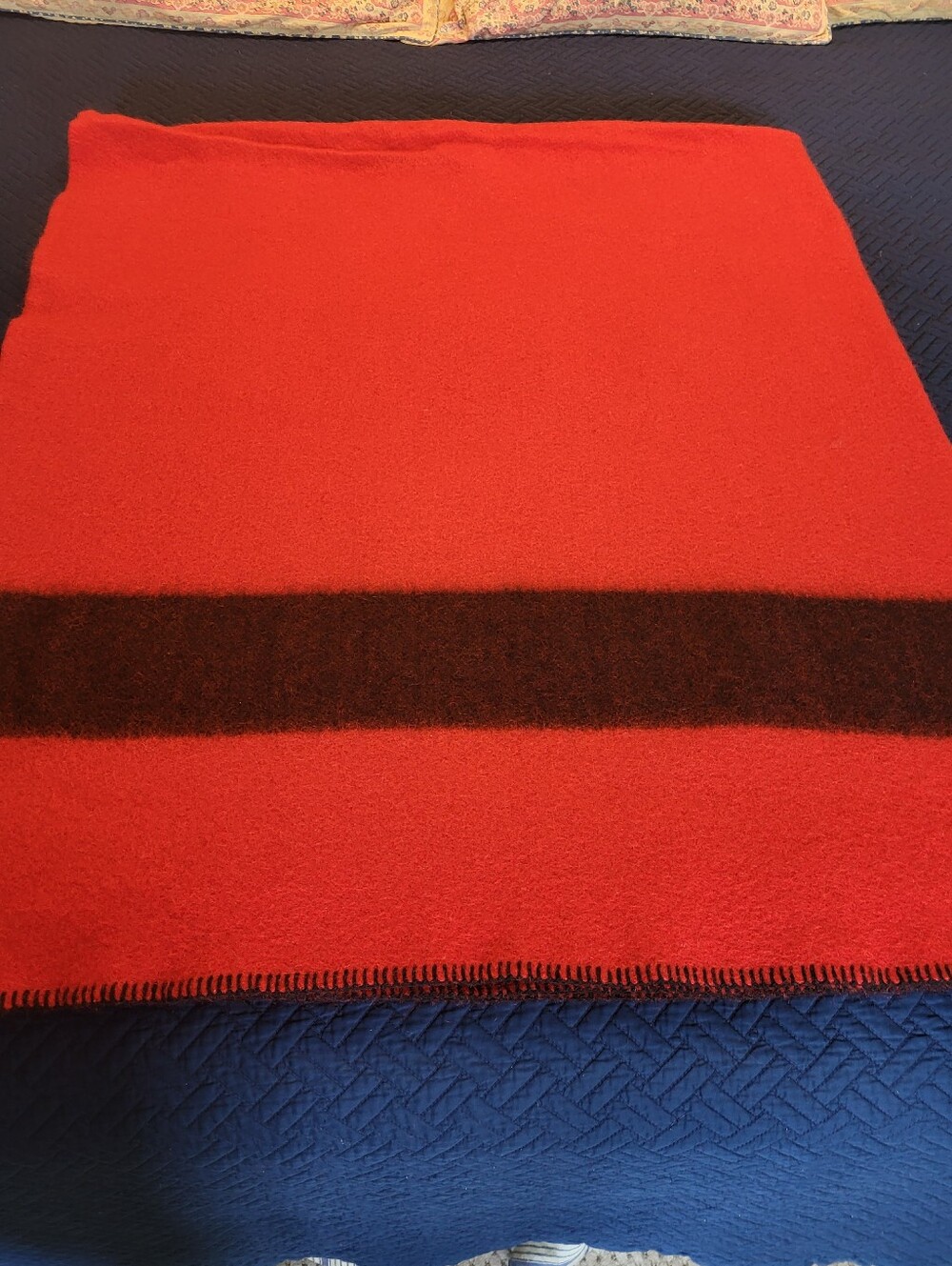 JC Penney 1950s Golden Dawn Wool Camp Blanket Red With Black Stripe Full